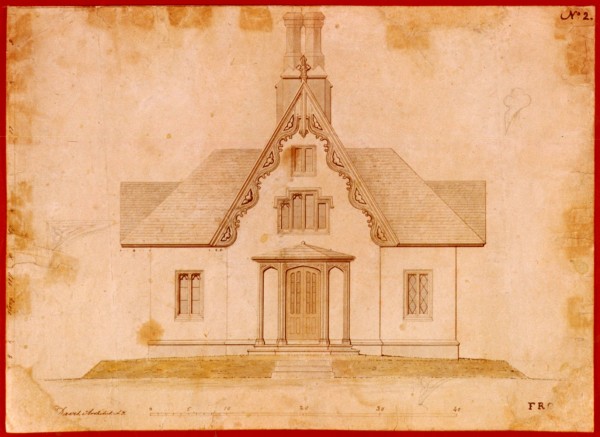 An architectural rendering of Brambleworth, designed by Alexander Jackson Davis and completed in 1847, which Irwin reproduced on a holiday card in the late 1970s or 1980s. 