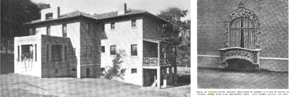 two black and white photos: on the right, a concrete house. On the left, a window with an ornate concrete frame.
