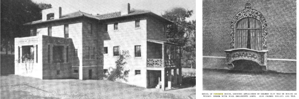 two black and white photos: on the right, a concrete house. On the left, a window with an ornate concrete frame. 